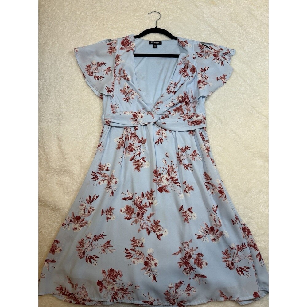 Express Women  Small Floral A-Line Dress Light Blue Ruffle Tie above Knee Length